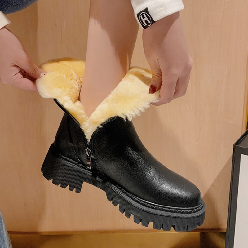 Round Autumn Toe Thick Heel Genuine Leather Winter Blended Wool Platform Snow Boots Warm Shoes for Women 0659