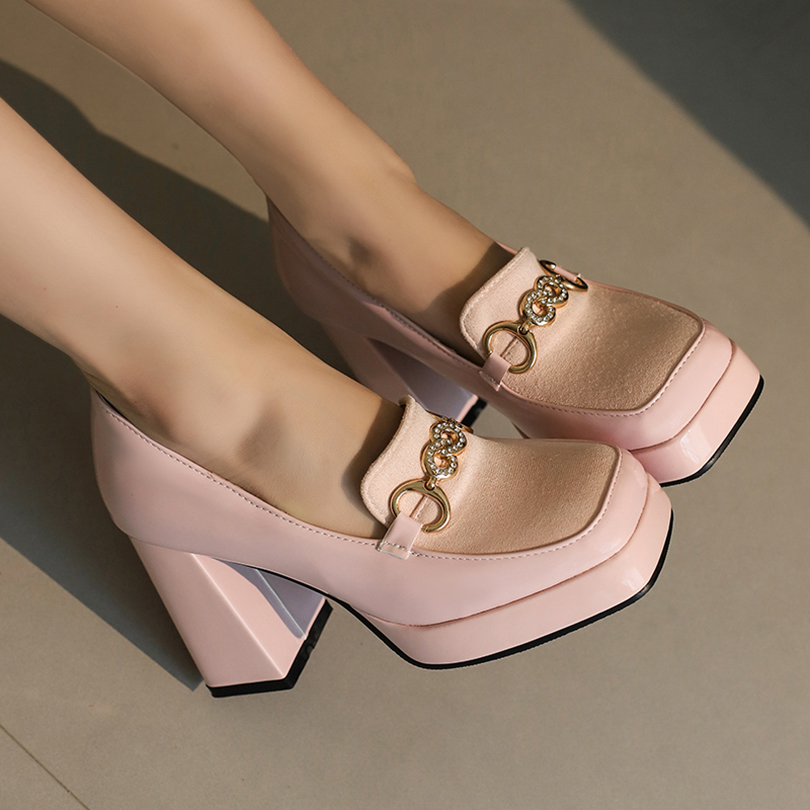 Plus Size Metal Decoration Square Toe Ultra-High Thick Heel Breathable Women's Pumps Platform Patent Leather Loafers