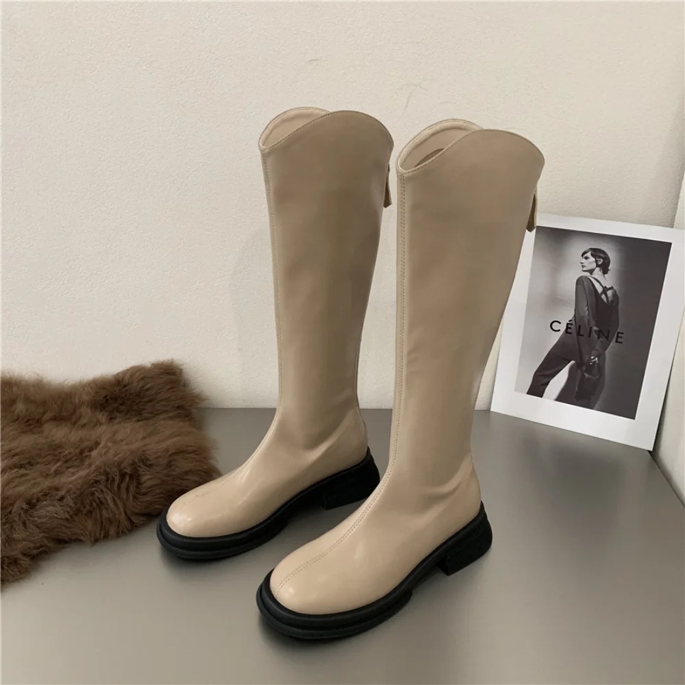 Women's Knee New Autumn PU Leather Female Shoes Low Heel Long Boots Slip on Chunky Botas for Woman 7342