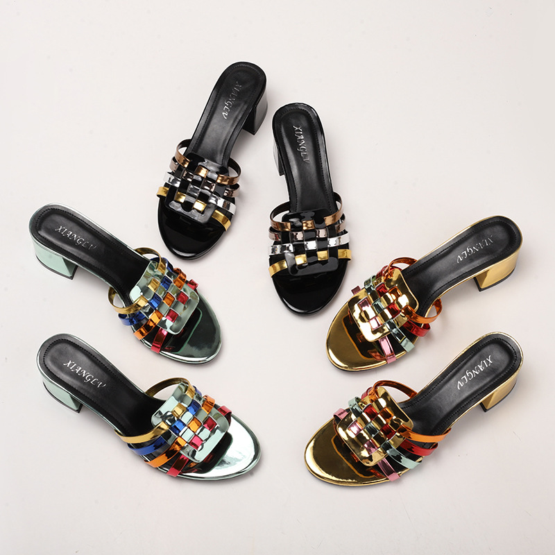 women's thick heels, colorful open toe slippers, fashionable wedding party, one line slippers, outdoor beach casual slippers