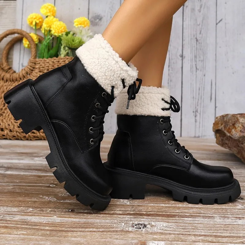 Thick Lace Up Ankle for Women Retro Non Slip Autumn Round Toe Boots Woman Platform Short Booties Botas De Mujer2025 5ee4
