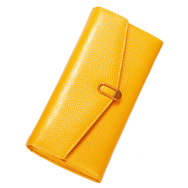 Pure cowhide yellow lucky wallet women's long 2024 new zipper for phone, large capacity leather wallet, thin