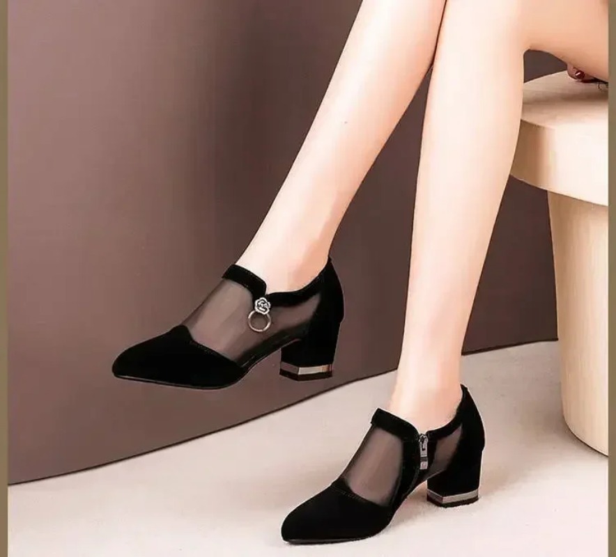 Women Summer High Heel Mesh New Breathable Pumps Zip Pointed Quality Toe Thick Heels Fashion Female Dress Shoes Elegant Footwear E3d4 S