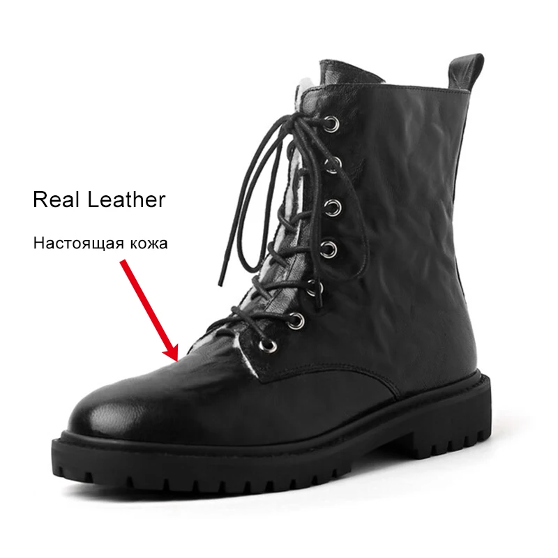 JOZHAMTA Size 34-42 Women Genuine Leather Wool Winter Ankle Warm Snow Platform High Plush Motorcycle Boots Shoes