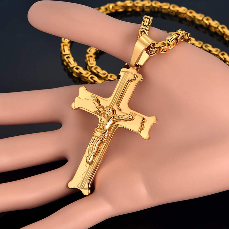 Stainless Steel Big Jesus Cross Pendant With Long Chain Mens Gold Color Crucifix Necklaces Male Religious Jewelry Drop 240910