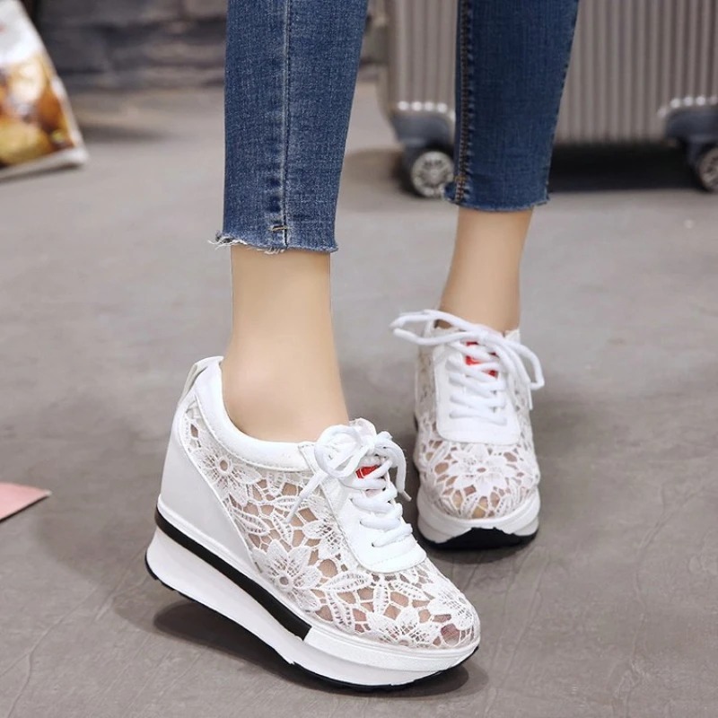 Womens Wedge Heel Mesh Sneakers Women's Shoes Thick Sole Sneakers Breathable Casual Shoes Lace Up Height Increasing White Tenis