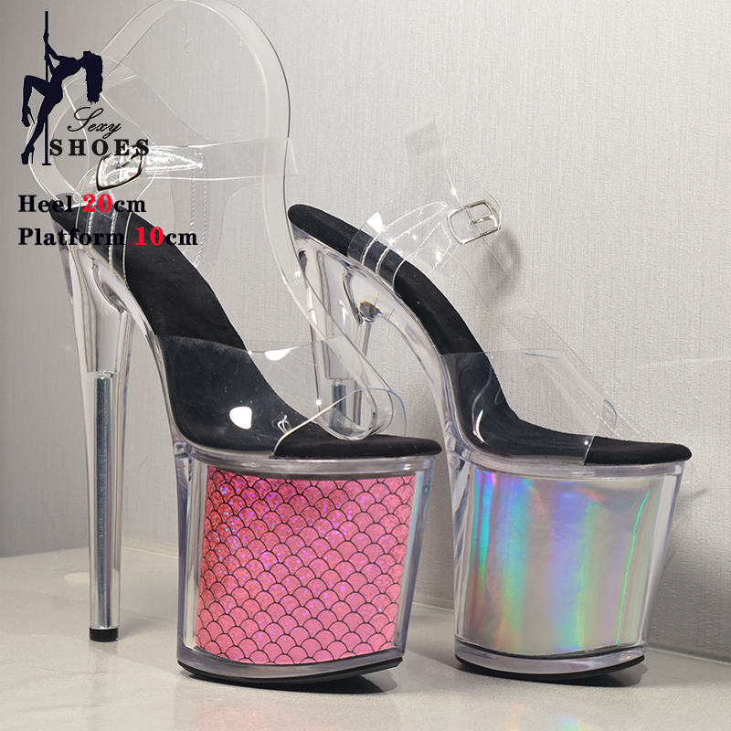 Sexy 20CM/8inches Exotic Stripper High Heel Sandals Transparent Heel Platform Glitter Stiletto Heels Pole Dancing Shoes Women