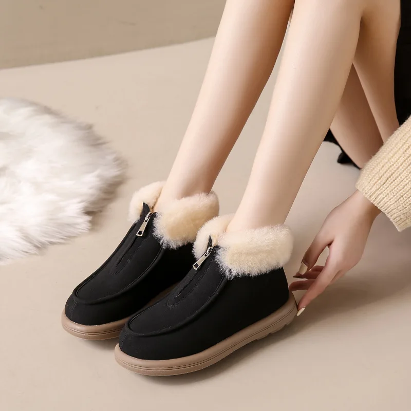 Women's Furry Cuffed Snow Boots Winter Thick Sole Suede Women's Shoes Cotton Plush Warm Short Botines Front Zipper Brown Botas