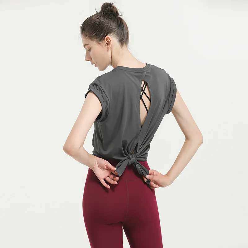 Summer Loose Yoga Shirts Women Hollow Out Short Sleeves Running T-Shirts Quick Dry Sports Forked Tops Gym Workout Fitness Blouse M240914