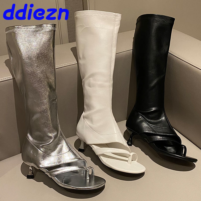Footwear Peep Toe Women Knee High Stretch With Low Heel Female Zippers Fashion Elastic Ladies Long Boots Shoes Flip ps