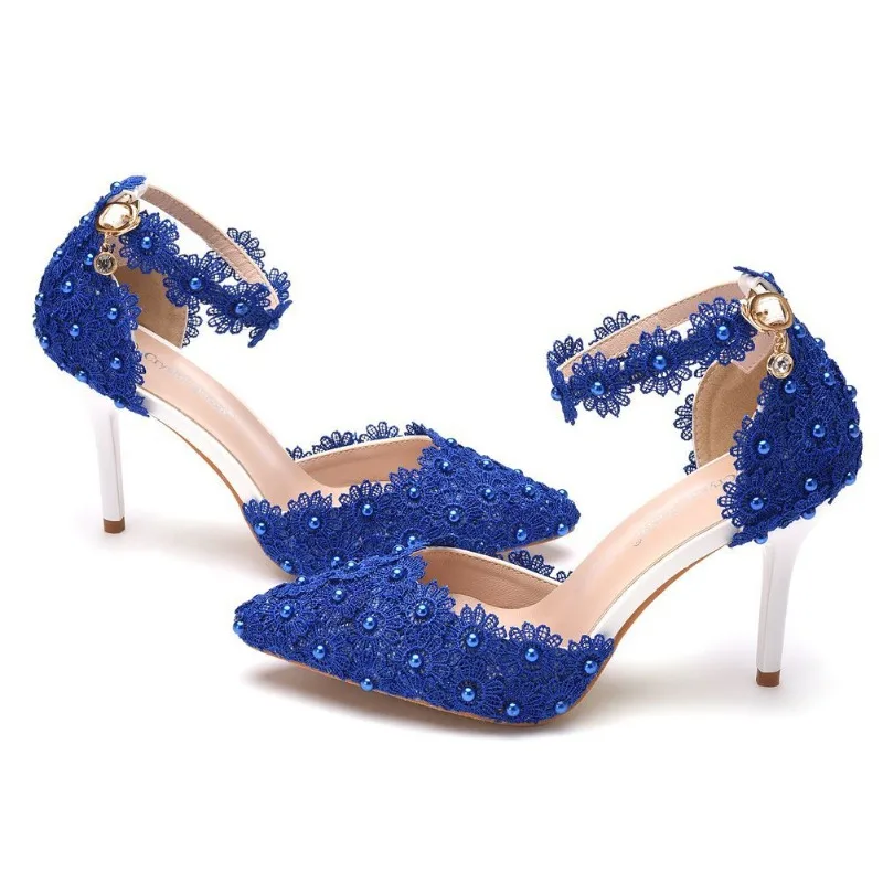 Summer Women Sandals Party Pointed Toe String Bead Buckle Strap PU 9CM Thin Heels Flower Lady Party Shoes for Women Blue