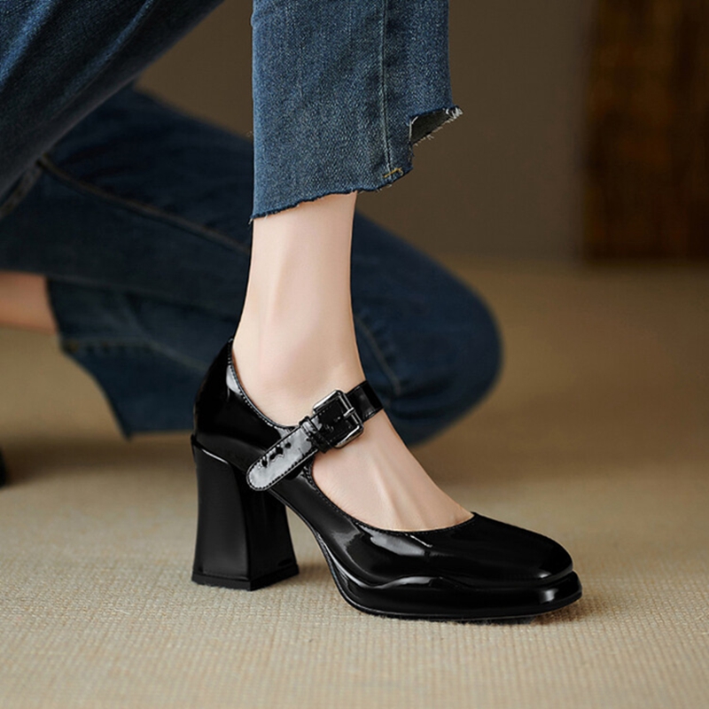 Women's Spring Pumps Patent New Leather for Women Round Toe Chunky Super High Heel Mary Janes Sweet Platform Shoes 1927 Platm