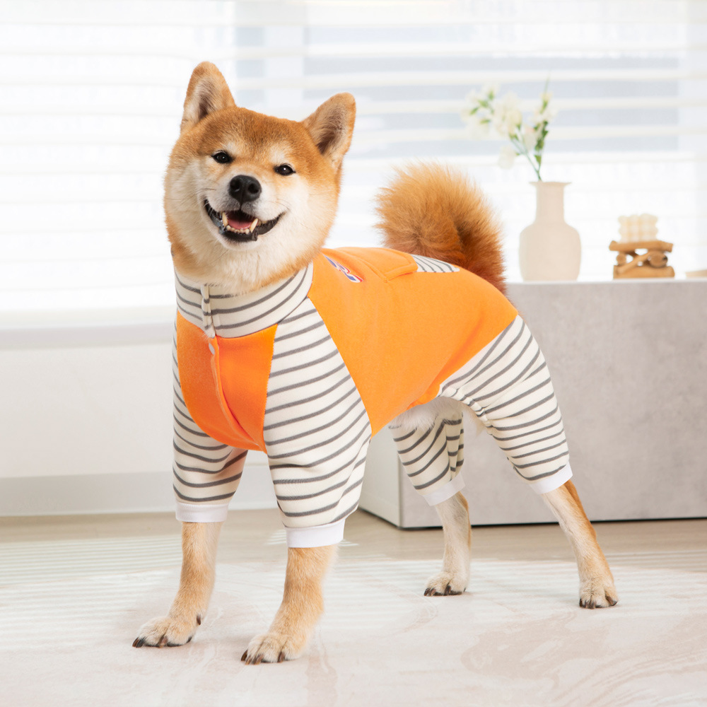 XL-8XL Large Dog Jumpsuit Turtleneck, Warm Plush Lined Dog Pajamas Onesie, Stripe Winter Clothes for Large Dogs Pet Pitbull