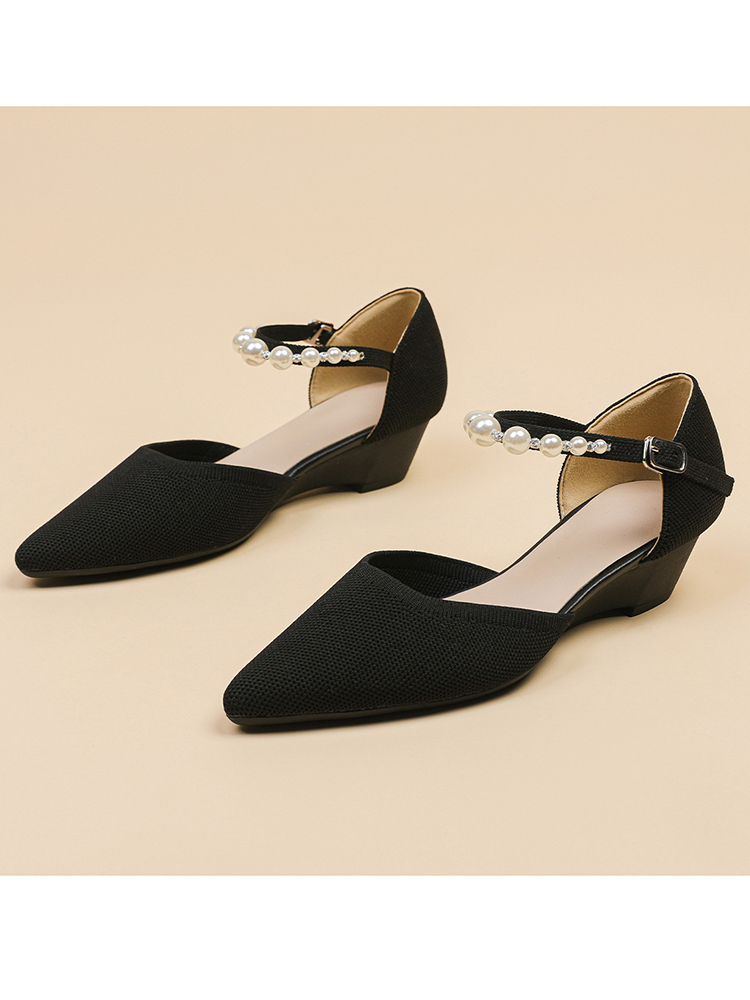 Fashionable Sexy Pointed Shallow Mouthed Women's Sandals Solid Color Pearl Wedge Heels Comfortable Versatile Low Heel Shoes