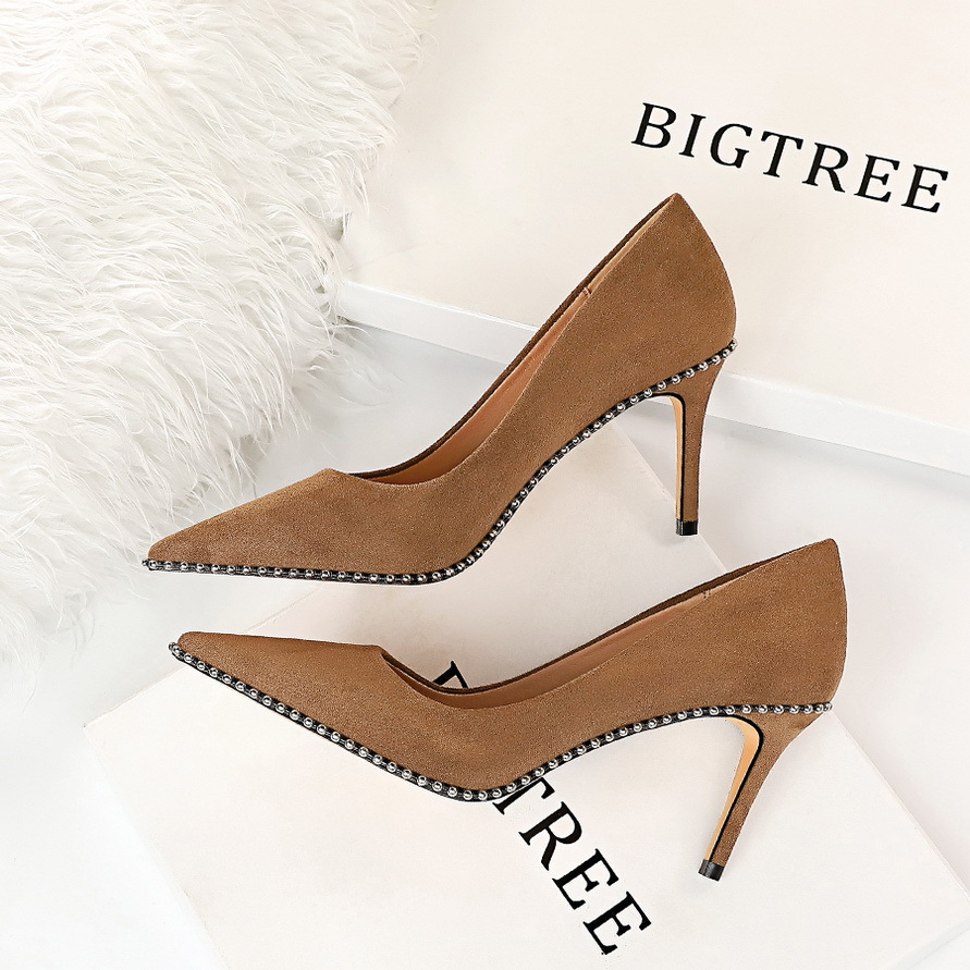 Spring BIGTREE New Designer High Pumps Rivet Pointed Toe ck 8CM Thin Heels retro Office Career Women Shoes black cc94 bla