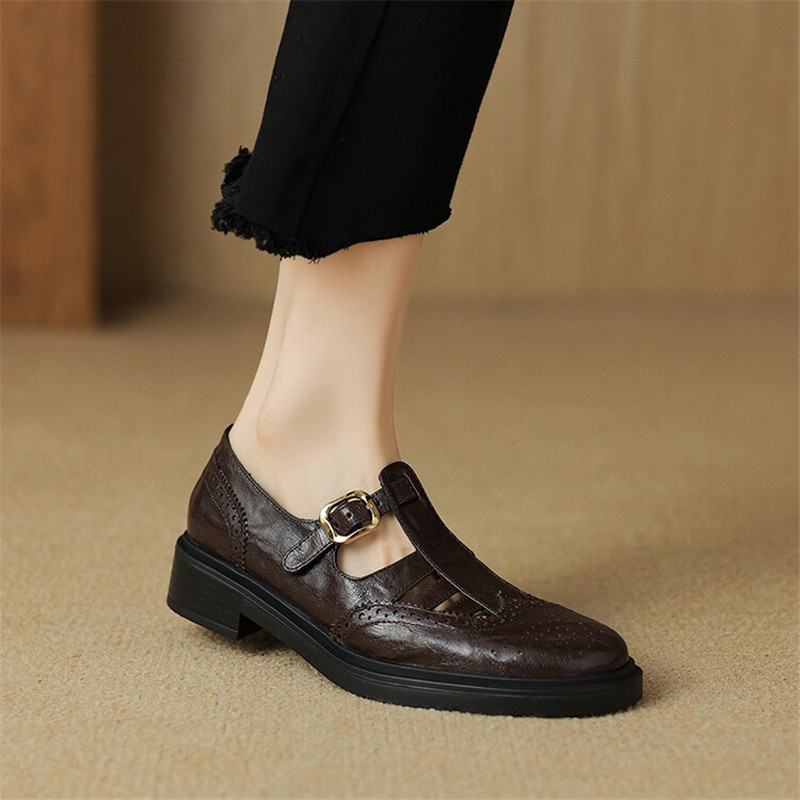 New Summer Sheepskin Women Shoes Round Toe Hollow Out Women Pumps Low Heel Brogue Designs Loafers Shoes for Women Ladies Shoes