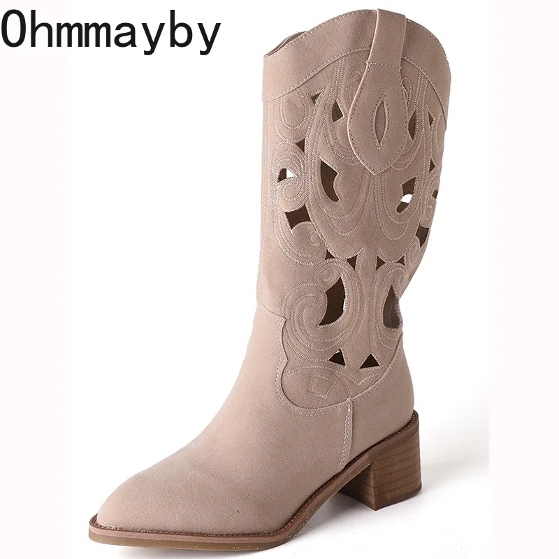 Style Rome Women Western Cowboy Boots Fashion Embroidery Hollow Out Long knight Booties Thick Heel Female Shoes 1b84