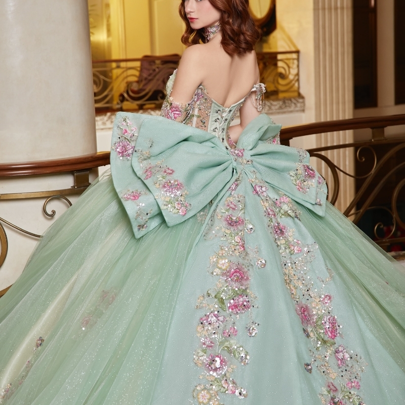 Mint Green Shiny 2025 Quinceanera Dresses Applique Lace Crystal Bow Tull Ball Gown Bride Robe Party Birthday Vestidos 15 De Anos Sweet 16 Dress