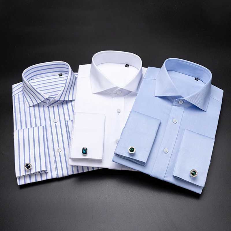 Luxury Windsor Collar Mens Cotton French Cuff Shirt Non Iron Quality Long Sleeve Business Formal Male Dress Cufflink Shirts Z240914