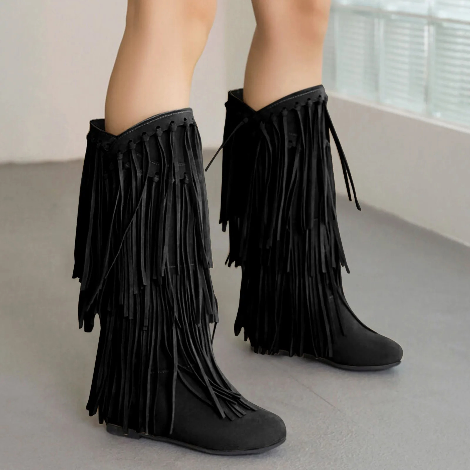 Womens Fringe Winter Western Round Toe Flats Suede Solid Cool Internal Elevation Boots Dr Daily Shoes 240911