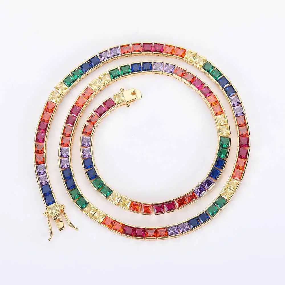 Pendant Necklaces 16-24 inch necklace and 7-9 inch bracelet mens/womens hip-hop jewelry 4mm square rainbow zircon tennis chain J240909