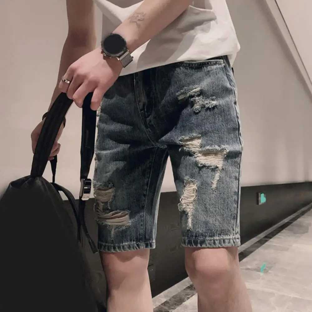 Men Denim Shorts Mid-waist Denim Shorts Mens Streetwear Denim Shorts Mid-rise Ripped Holes Straight Leg Knee LengthX240914