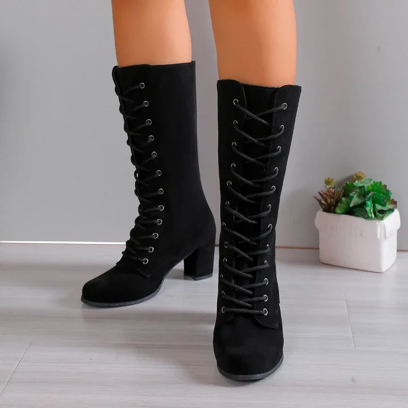 Knee-high Zipper Women's Boots 2023 Winter High Quality New Square Heel Shoes for Women Solid Round Toe Lace Up Boots Female