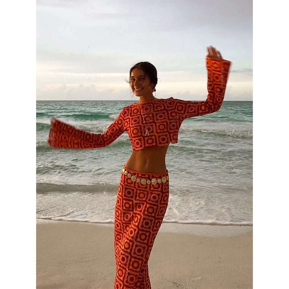Holiday Crochet Hollow Out Women Midi Skirt 2 Piece Set Elegant Flare Long Sleeve Crop Top Suit Lady Vacation Beachwear