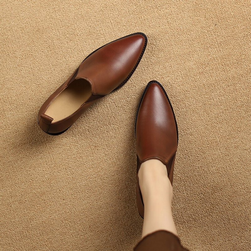 Spring/Autumn NEW Pumps Genuine Leather for Women Pointed Toe Chunky New Heel Casual Black Slip-on Handmade Shoes ed5c