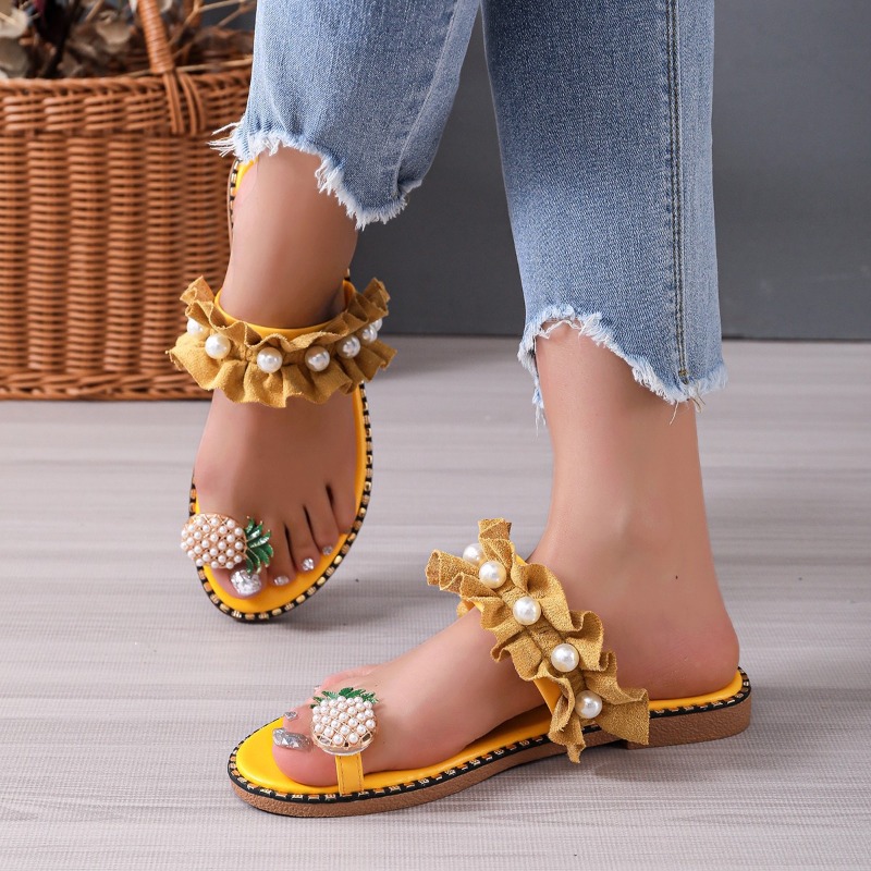 2024 Summer New Fashion Women's Slippers Solid Pearl Designer Shoes for Women Open Toe Flat Outdoor Beach Slides Plus Size 43