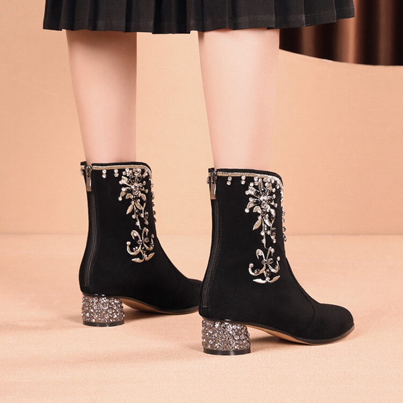 Autumn NEW Round Toe High Heels Sheep Suede Leather Shoes for Women Ethnic Style Embroidered Chunky Heel Boots 8b37