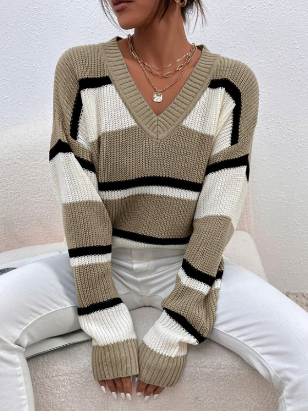dongdumaoyi Women's pullover sweater autumn and winter new V-neck contrasting splicing loose and fashionable sweater F0914#41