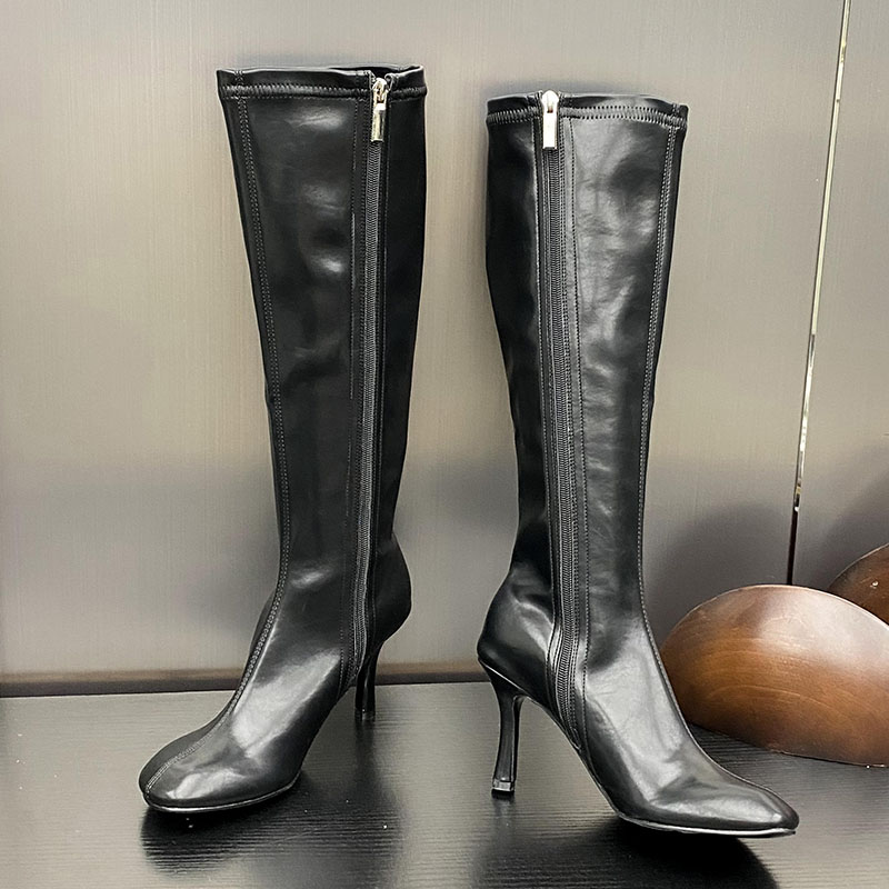 New Footwear Elastic Women Knee High Boots Female Zippers With Thin Heels Shoes Fashion Round Toe Ladies Stretch Booties
