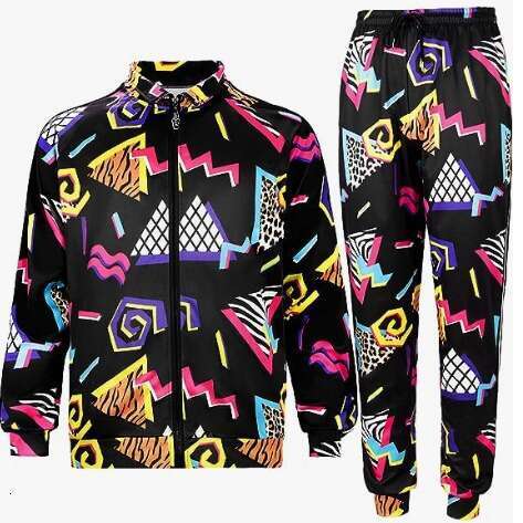 European men's casual sports with 3D digital printing long sleeved pants and zippered shirt set