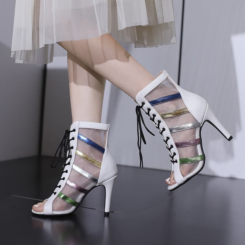 Ankle Summer Boots For Women Peep Toe Black White Short Jazz Dance Party Shoes Ladies High Heels Large Size Mesh Breathable b649