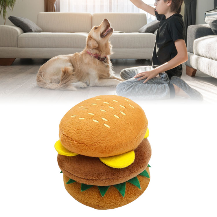 Cute Hamburger Shape Plush Squeaky Toy for Dogs, Stuffed Pet, Boredom and Anxiety Relief, Teeth Grinding