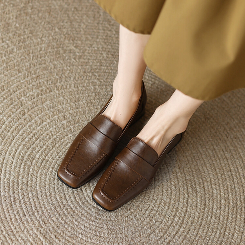 NEW Spring/Autumn Women Loafers Square Toe Chunky Heel Shoes Split Leather Shoes for Women Concise Low Heel Slip-on Women Pumps