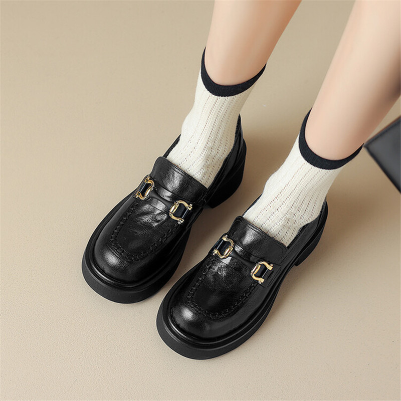 New Autumn Winter Genuine Leather Loafers Woman Shoes Chunky Heel Round Toe Shoes for Women Ladies Shoes Platform Women Pumps
