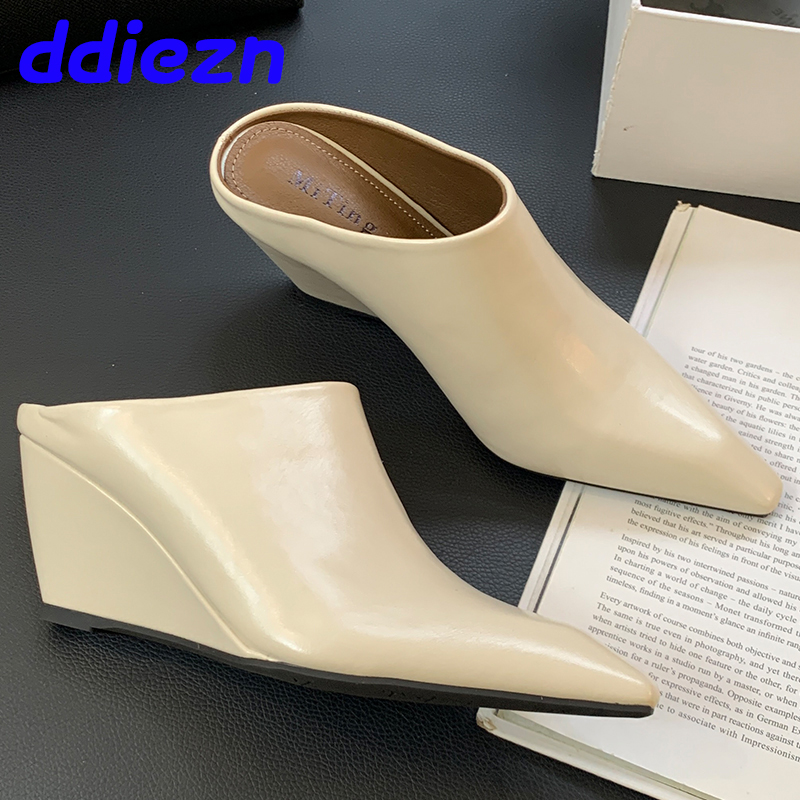 Footwear New Wedges Slides For Women 2024 Fashion Pointed Toe Ladies High Heels Pumps Slippers Shoes Female Mules 8fca