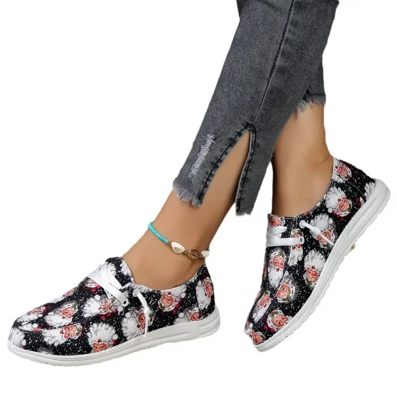 Christmas Sneakers Woman Lonely Canvas Shoes Autumn Santa Claus Print Fashion Breathable Casual Flat Shoes New Year Gifts