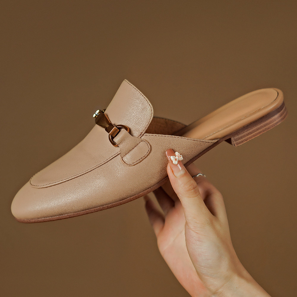 Women's sheepskin slip-on flats mules round toe leisure soft comfortable high quality summer slides casual daily shoes for woman