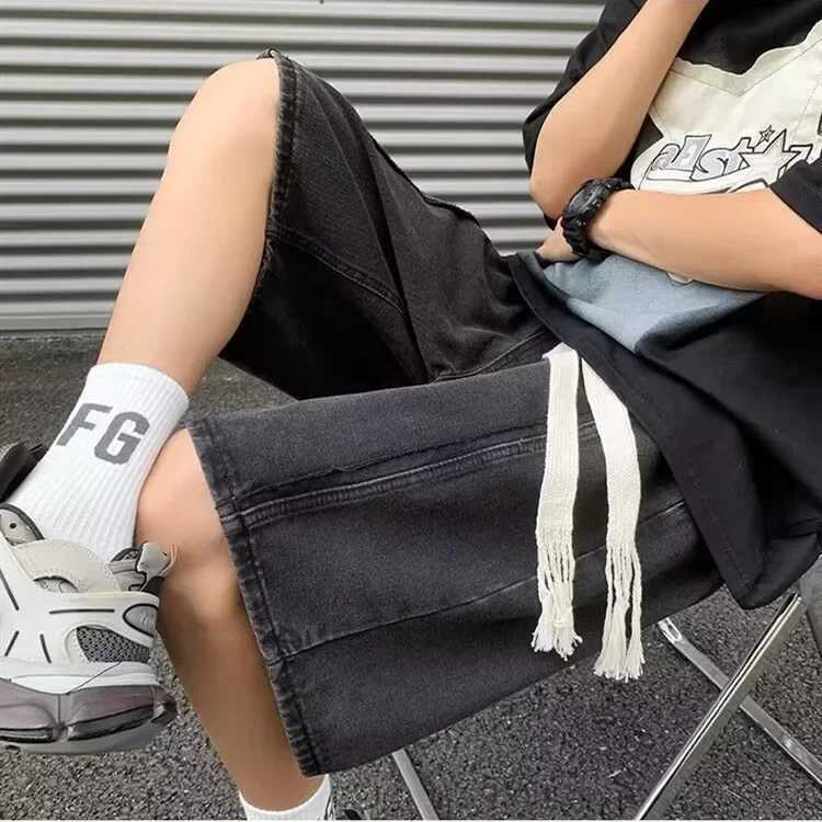 American Style High Street Denim Shorts For Men Trendy Design Sensibility Elastic Waist Casual Style Mid Waist Over Knee JeansX240914