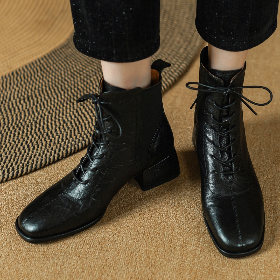 genuine Women's leather elastic patchwork lace-up autumn ankle boots 4cm thick low heel casual female short booties shoes woman e706