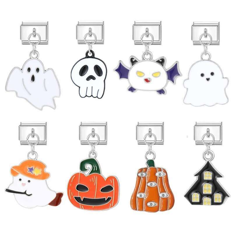 2024 Color Glaze Halloween Ghost Castle Bat Pendant Italian Charms Links Bangle Beads Fit 9mm Stainless Steel Bracelet Making DIY For Women Fashion Je