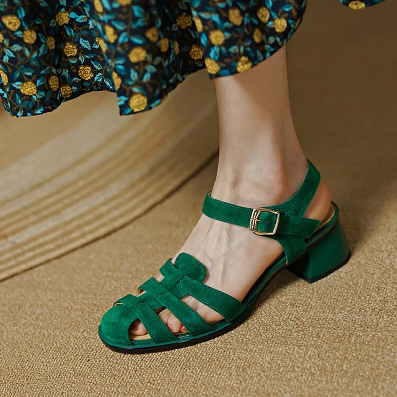 NEW Summer Women Sandals Sheep Suede Leather Shoes for Women Round Toe Chunky Heel Shoes Cover Toe Sandals Solid Gladiator Shoes