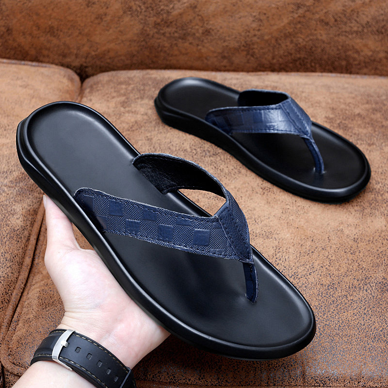 2024 New Men Leather Slippers Mens Flip Flops Slides Casual Outdoor Summer Italian Designer Classic Blue Beach Footwear Male