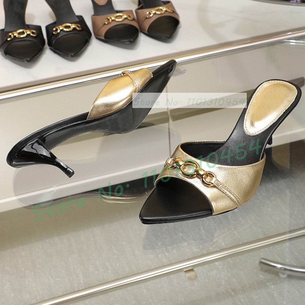 Gold Real Leather Mid Heel Slippers Women Metal Ring Detail Open Pointy Toe Shoes Summer Luxury Sheepskin All-match Sexy Mules