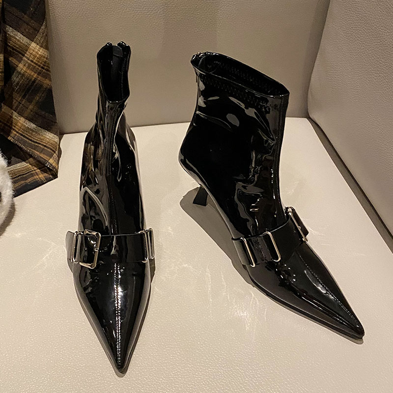 Female Thin Heels Shoes Women Ankle Modern Fashion Designer Metal Buckle Footwear Pointed Toe Ladies Short Boots Pumps