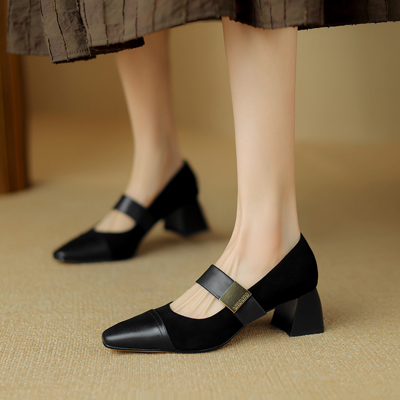 2024 Spring Mary Janes Pointed Toe Chunky Heel Pumps Kid Suede Shoes for Women Elegant Med Buckle Heels 9cee 5192