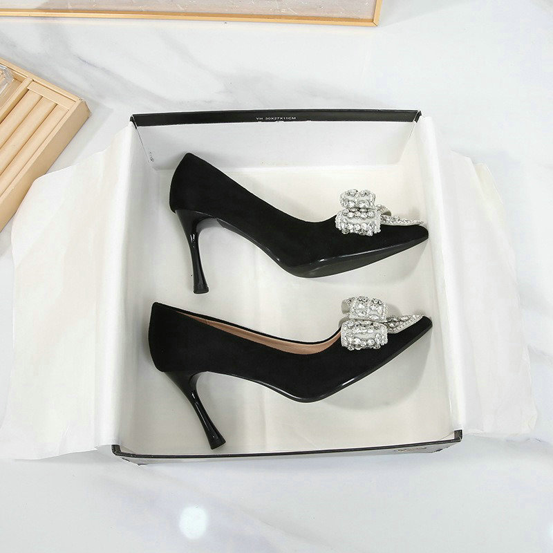 Spring 2024 New French High Heels Rhie Bow Suede Fine Heel Pointed Temperament Single Shoes 88c6